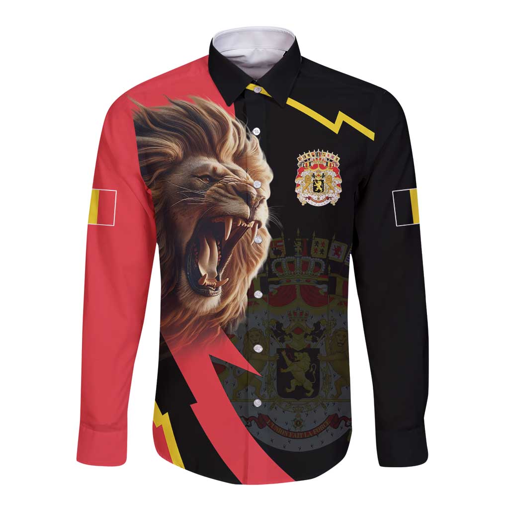 Belgium Coat of Arms Long Sleeve Button Shirt Angry Lion