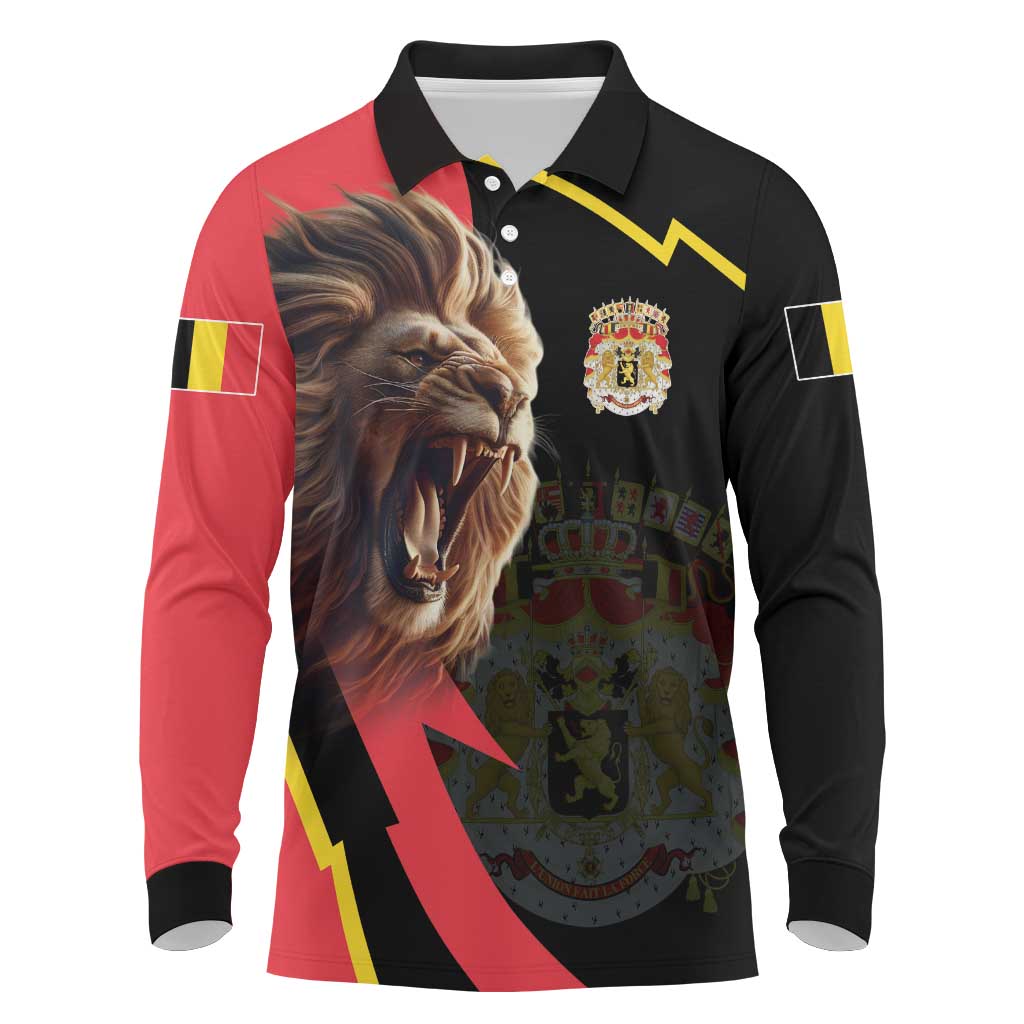 Belgium Coat of Arms Long Sleeve Polo Shirt Angry Lion