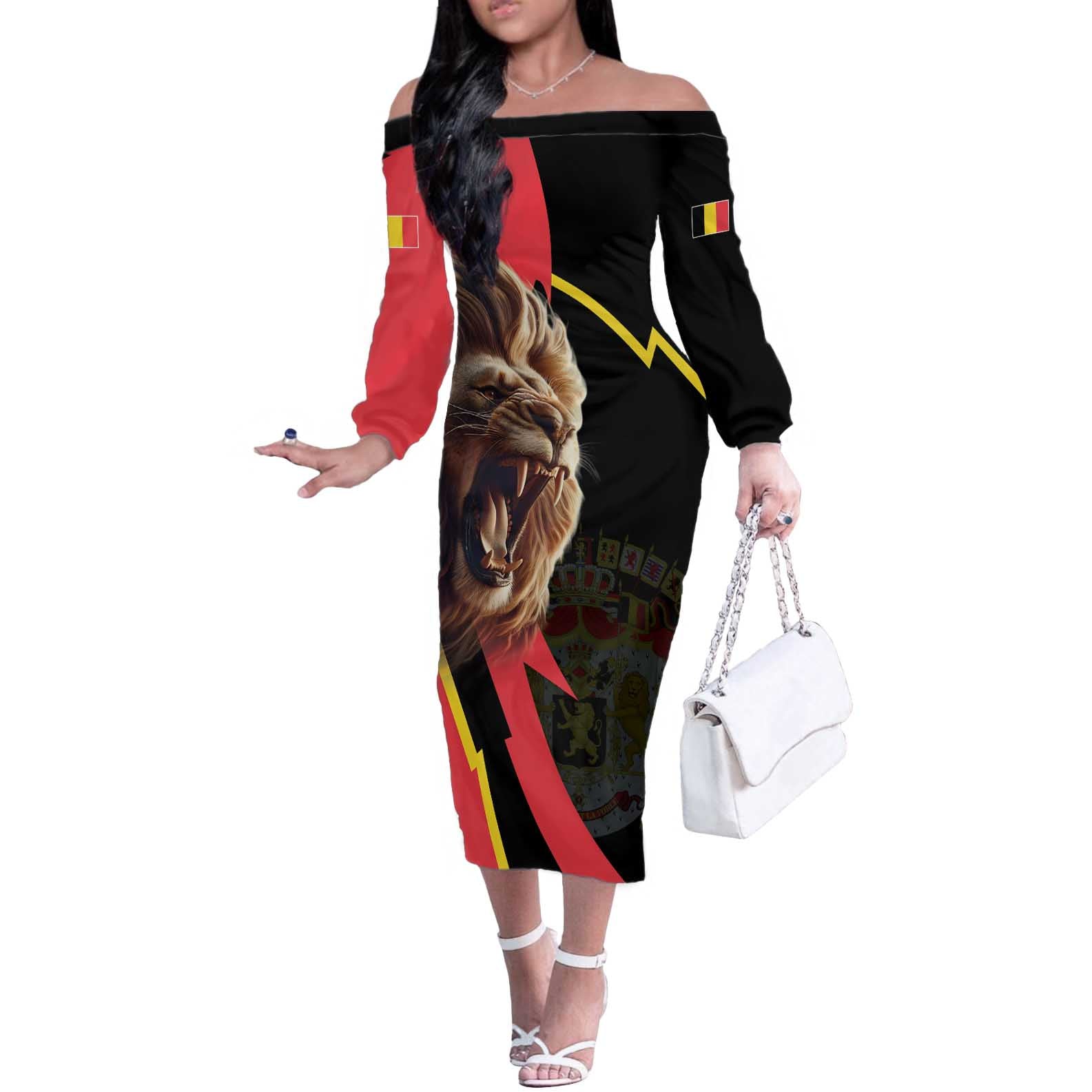 Belgium Coat of Arms Off The Shoulder Long Sleeve Dress Angry Lion