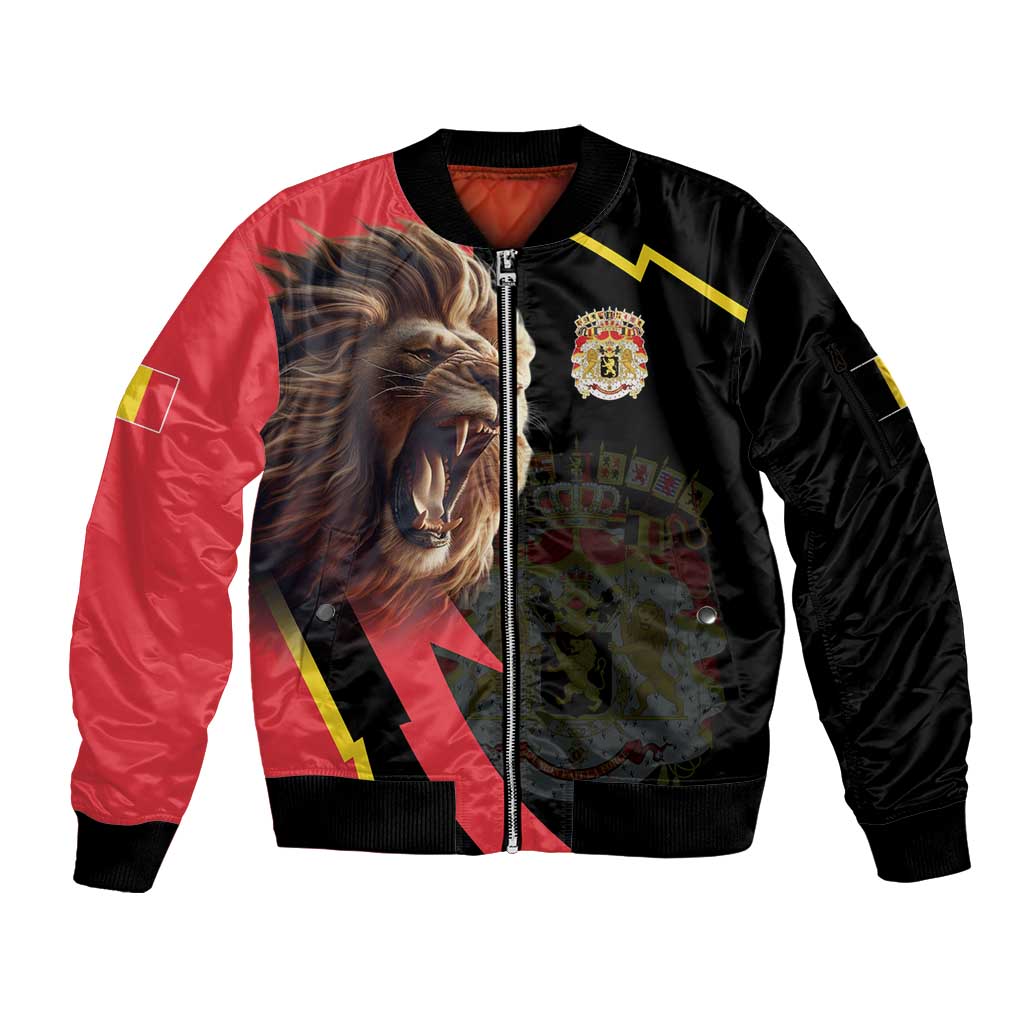 Belgium Coat of Arms Sleeve Zip Bomber Jacket Angry Lion