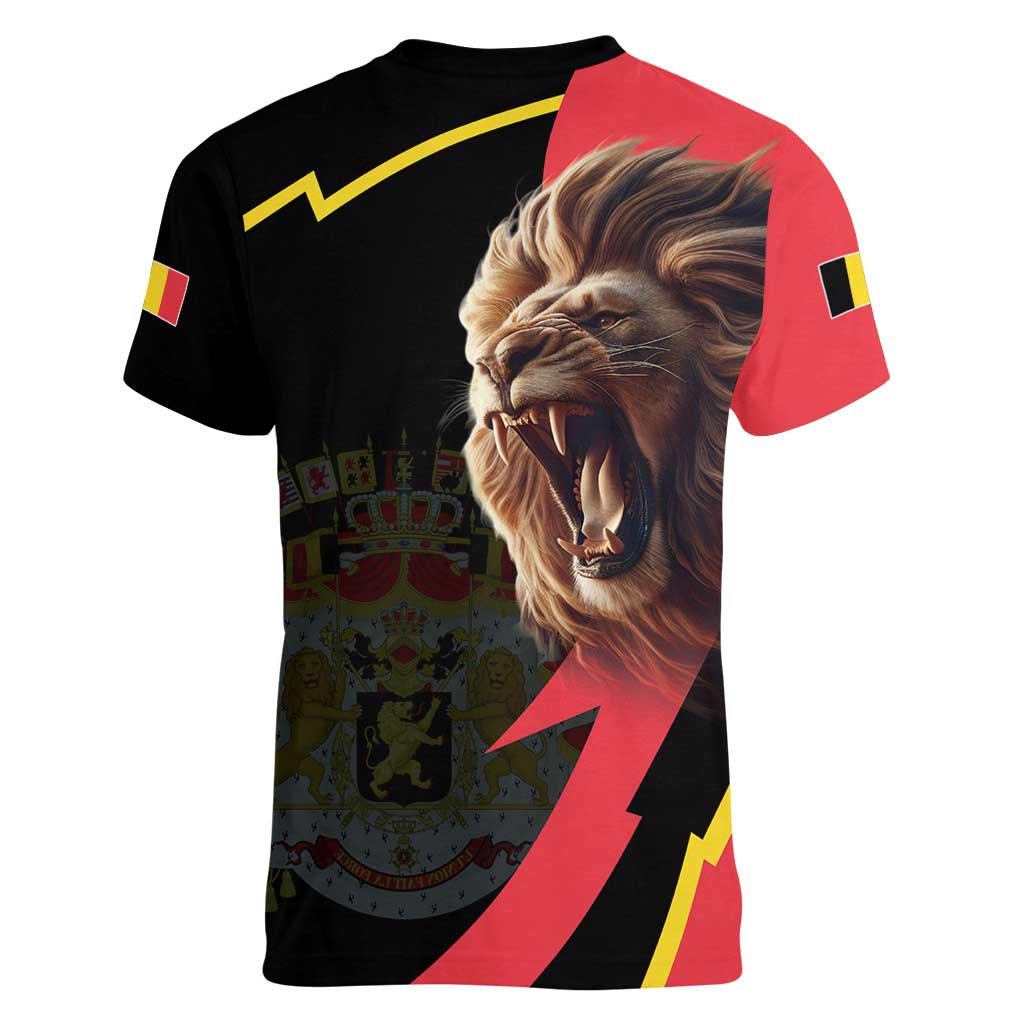 Belgium Coat of Arms Women V-Neck T-Shirt Angry Lion