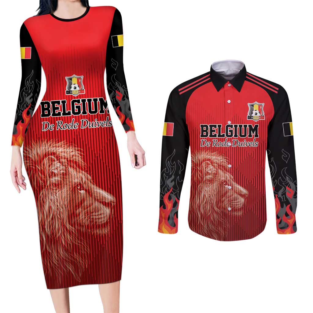 Custom Belgium Football We are Champions Couples Matching Long Sleeve Bodycon Dress and Long Sleeve Button Shirt Red Style Come on De Rode Duivels