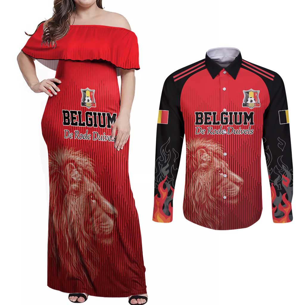 Custom Belgium Football We are Champions Couples Matching Off Shoulder Maxi Dress and Long Sleeve Button Shirt Red Style Come on De Rode Duivels