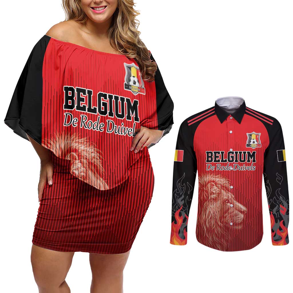 Custom Belgium Football We are Champions Couples Matching Off Shoulder Short Dress and Long Sleeve Button Shirt Red Style Come on De Rode Duivels