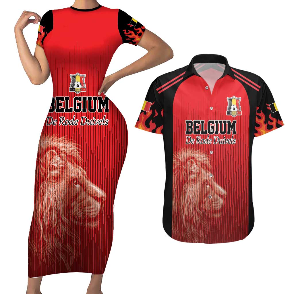 Custom Belgium Football We are Champions Couples Matching Short Sleeve Bodycon Dress and Hawaiian Shirt Red Style Come on De Rode Duivels