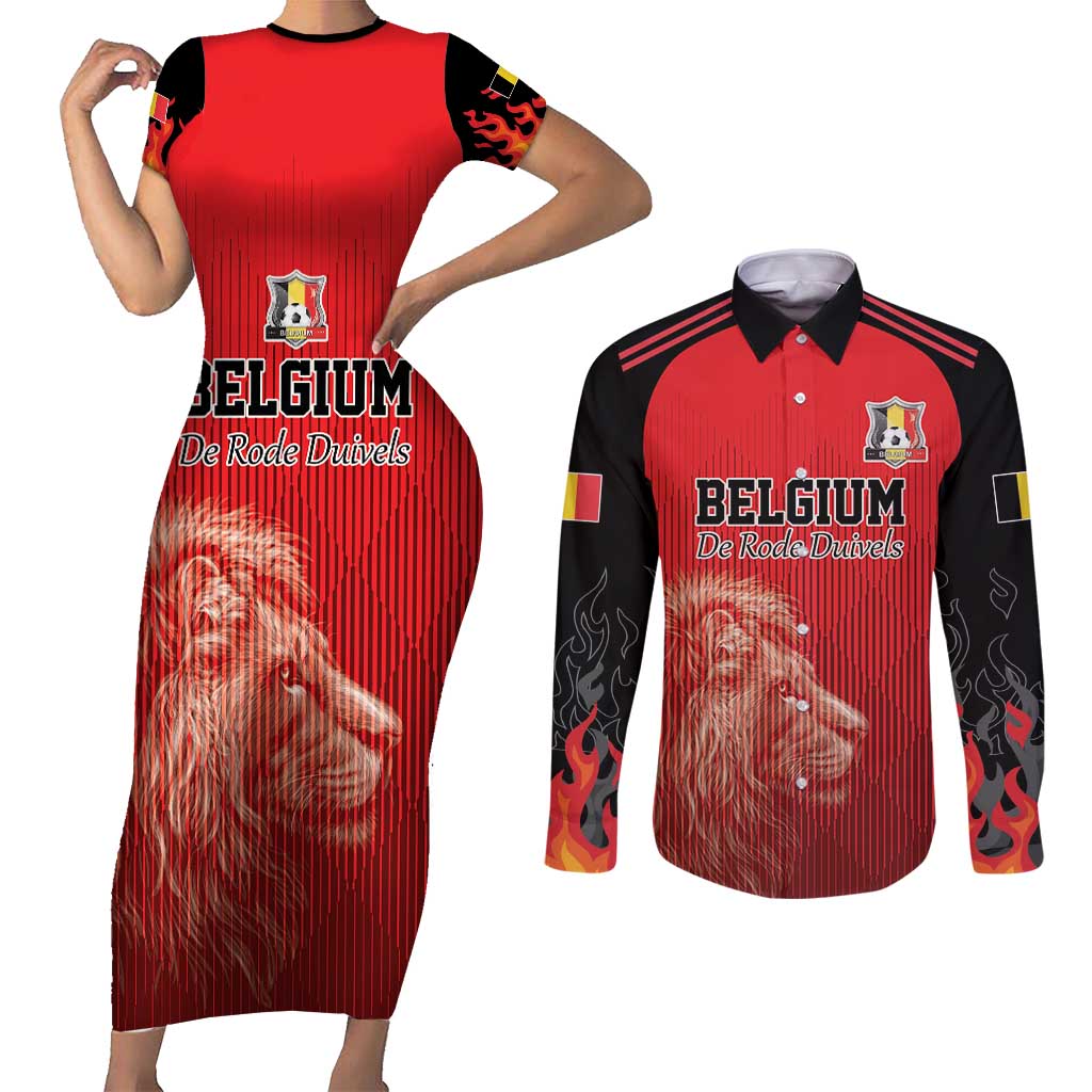 Custom Belgium Football We are Champions Couples Matching Short Sleeve Bodycon Dress and Long Sleeve Button Shirt Red Style Come on De Rode Duivels