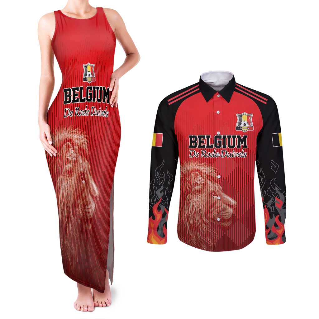 Custom Belgium Football We are Champions Couples Matching Tank Maxi Dress and Long Sleeve Button Shirt Red Style Come on De Rode Duivels