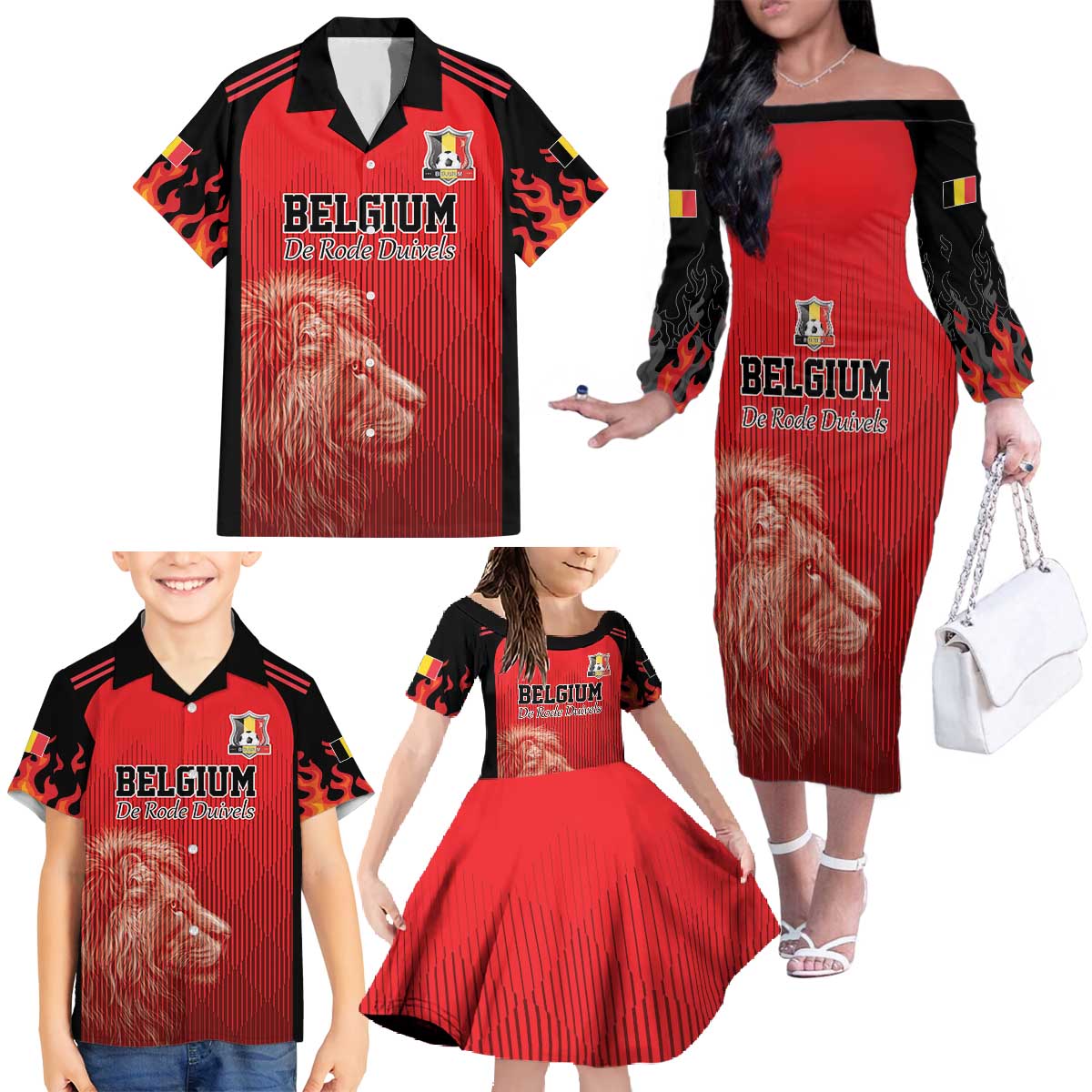 Custom Belgium Football We are Champions Family Matching Off The Shoulder Long Sleeve Dress and Hawaiian Shirt Red Style Come on De Rode Duivels