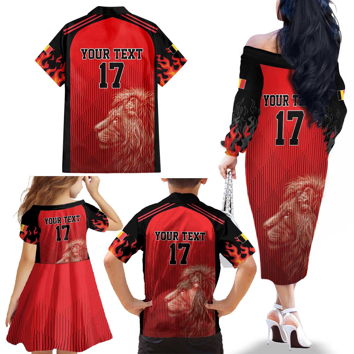 Custom Belgium Football We are Champions Family Matching Off The Shoulder Long Sleeve Dress and Hawaiian Shirt Red Style Come on De Rode Duivels