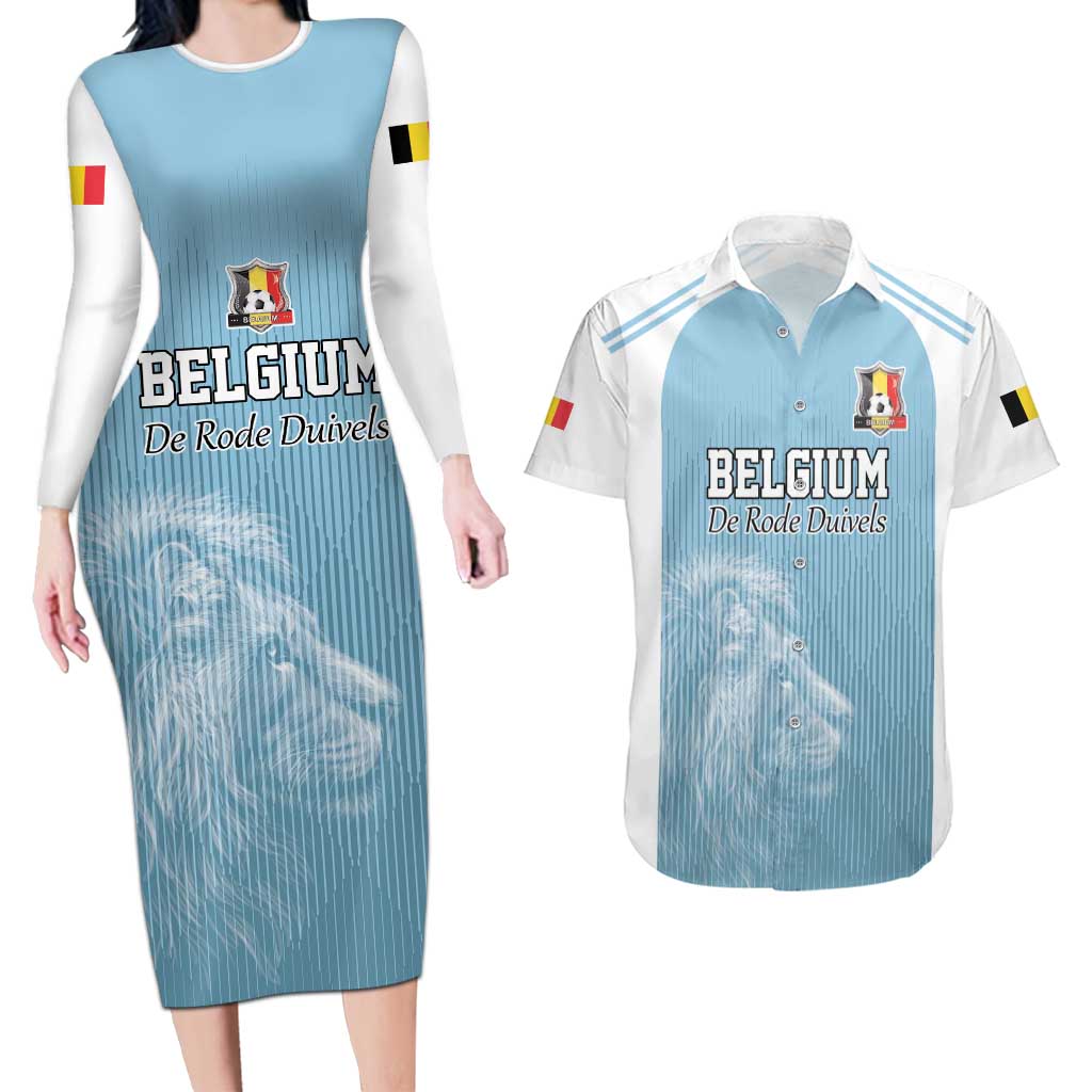 Custom Belgium Football We are Champions Couples Matching Long Sleeve Bodycon Dress and Hawaiian Shirt Blue Style Come on De Rode Duivels