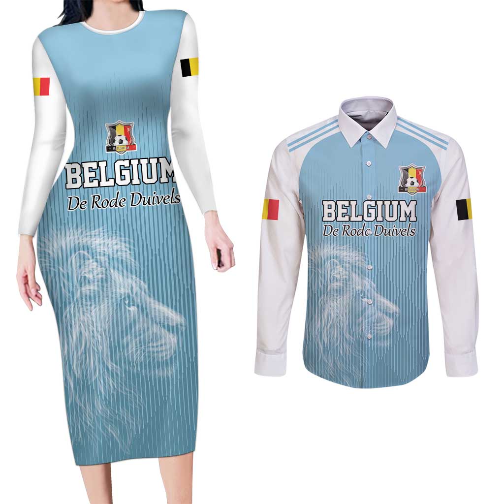 Custom Belgium Football We are Champions Couples Matching Long Sleeve Bodycon Dress and Long Sleeve Button Shirt Blue Style Come on De Rode Duivels