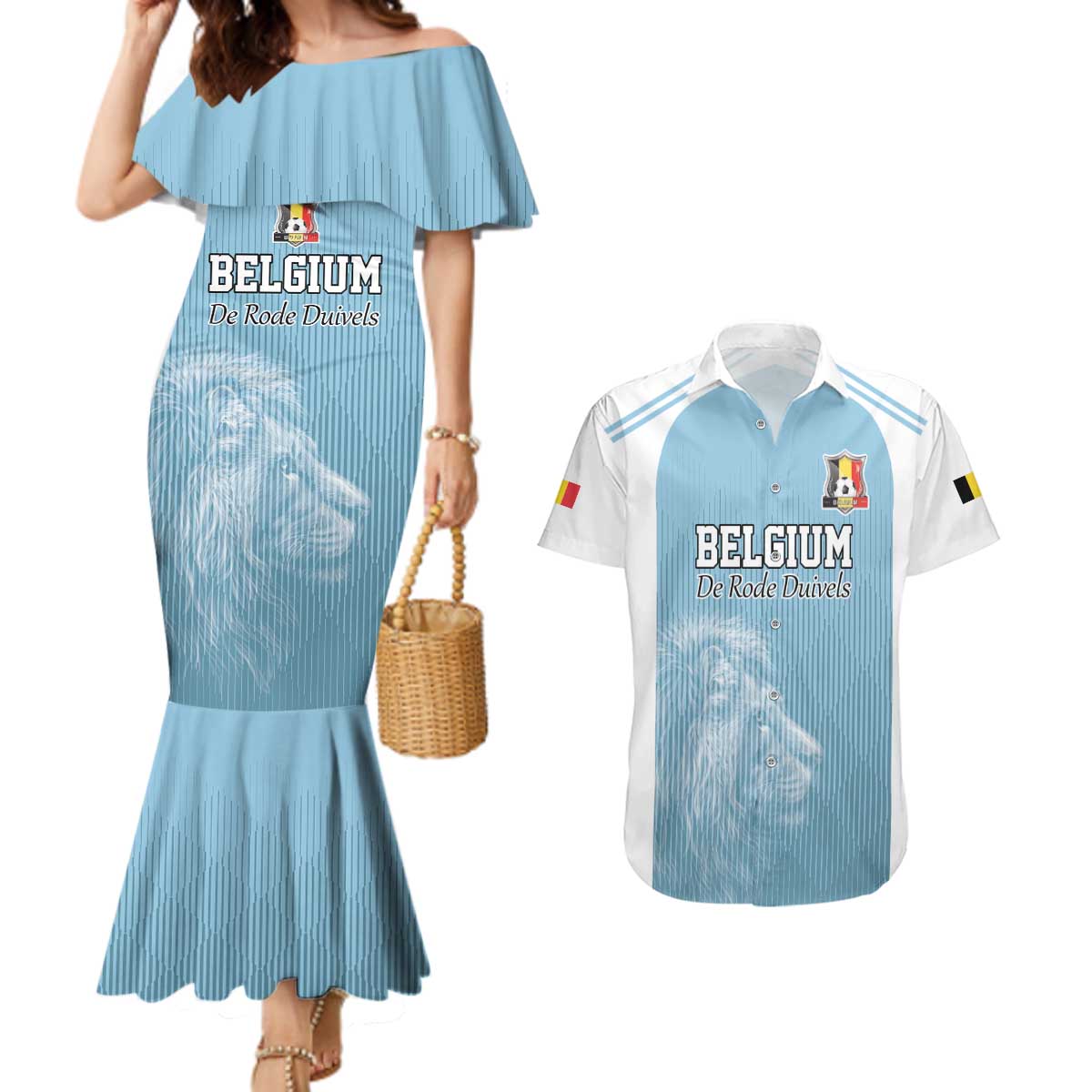 Custom Belgium Football We are Champions Couples Matching Mermaid Dress and Hawaiian Shirt Blue Style Come on De Rode Duivels