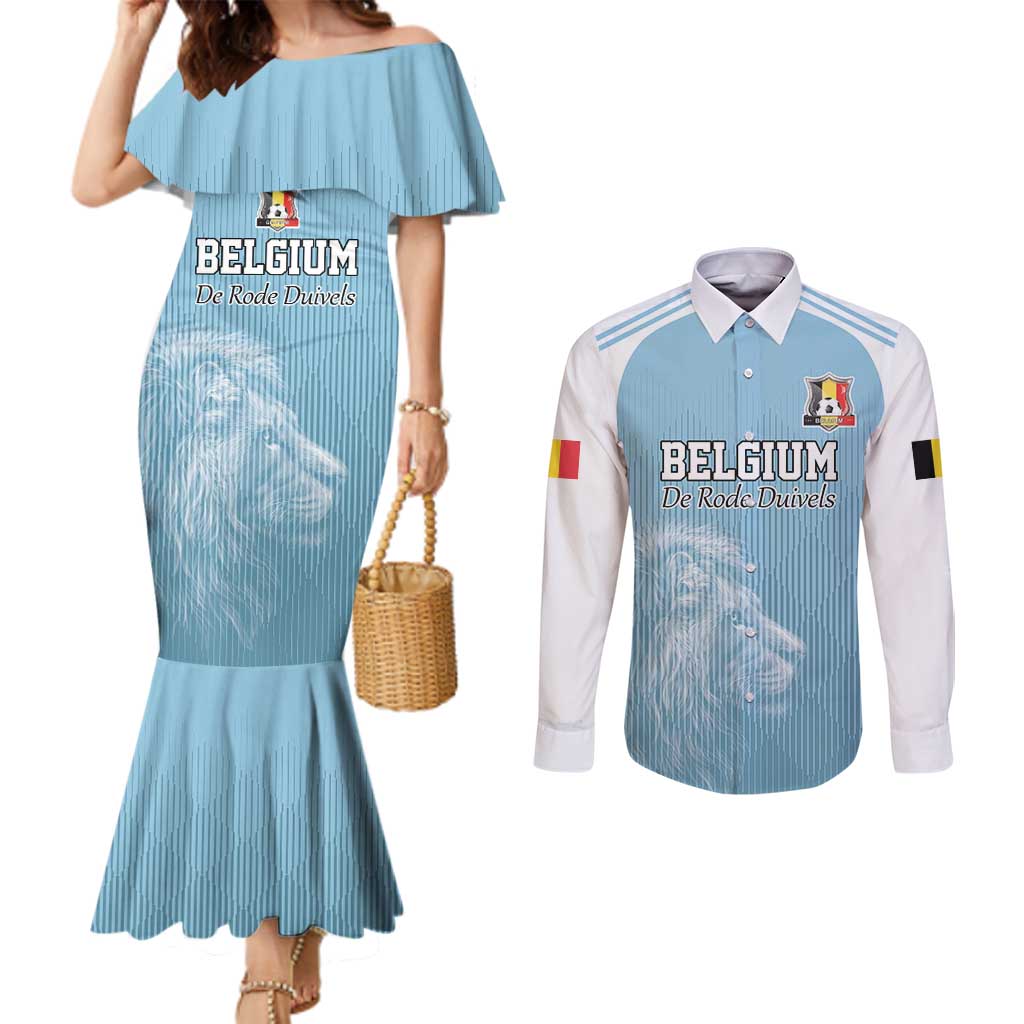Custom Belgium Football We are Champions Couples Matching Mermaid Dress and Long Sleeve Button Shirt Blue Style Come on De Rode Duivels