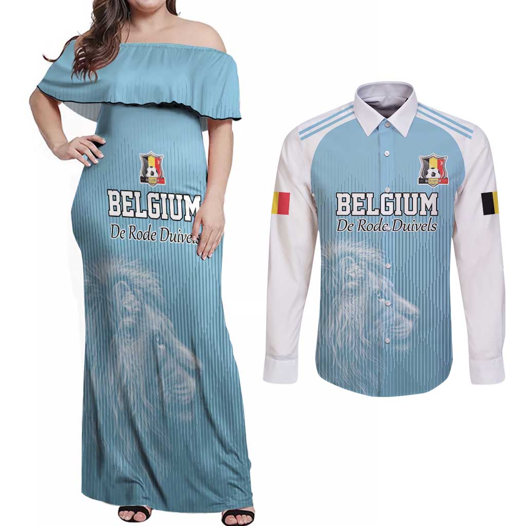 Custom Belgium Football We are Champions Couples Matching Off Shoulder Maxi Dress and Long Sleeve Button Shirt Blue Style Come on De Rode Duivels