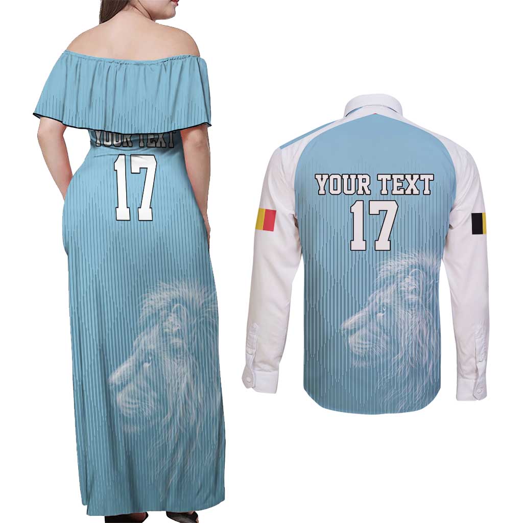 Custom Belgium Football We are Champions Couples Matching Off Shoulder Maxi Dress and Long Sleeve Button Shirt Blue Style Come on De Rode Duivels