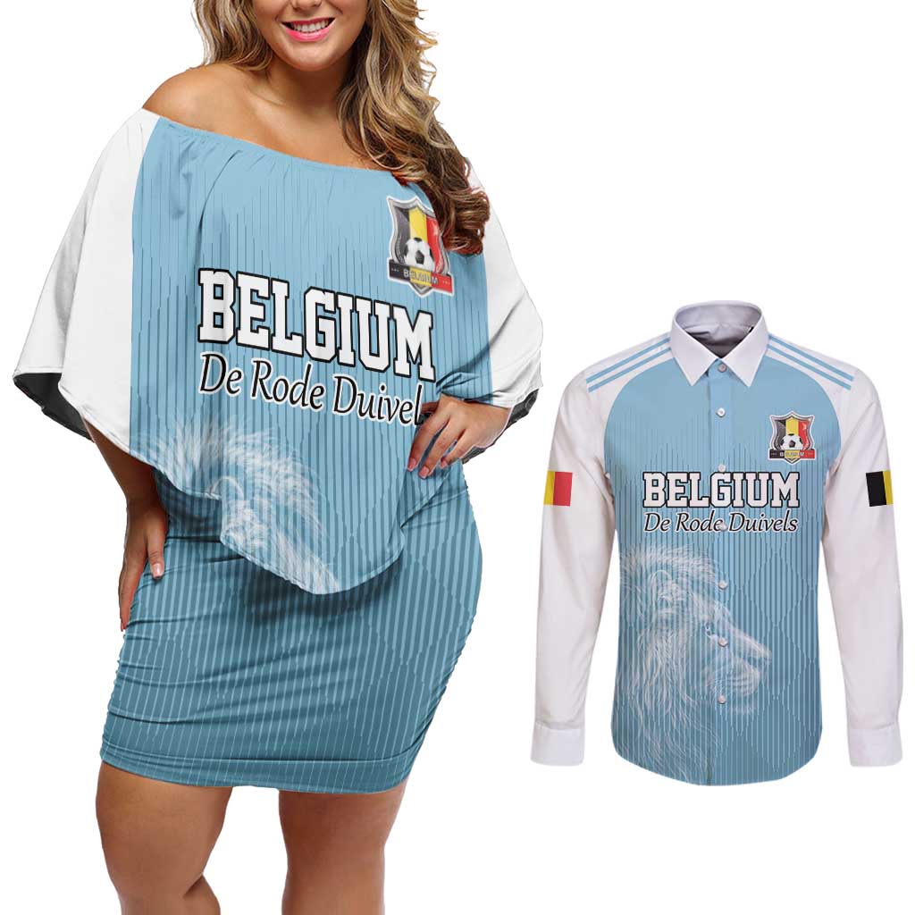 Custom Belgium Football We are Champions Couples Matching Off Shoulder Short Dress and Long Sleeve Button Shirt Blue Style Come on De Rode Duivels