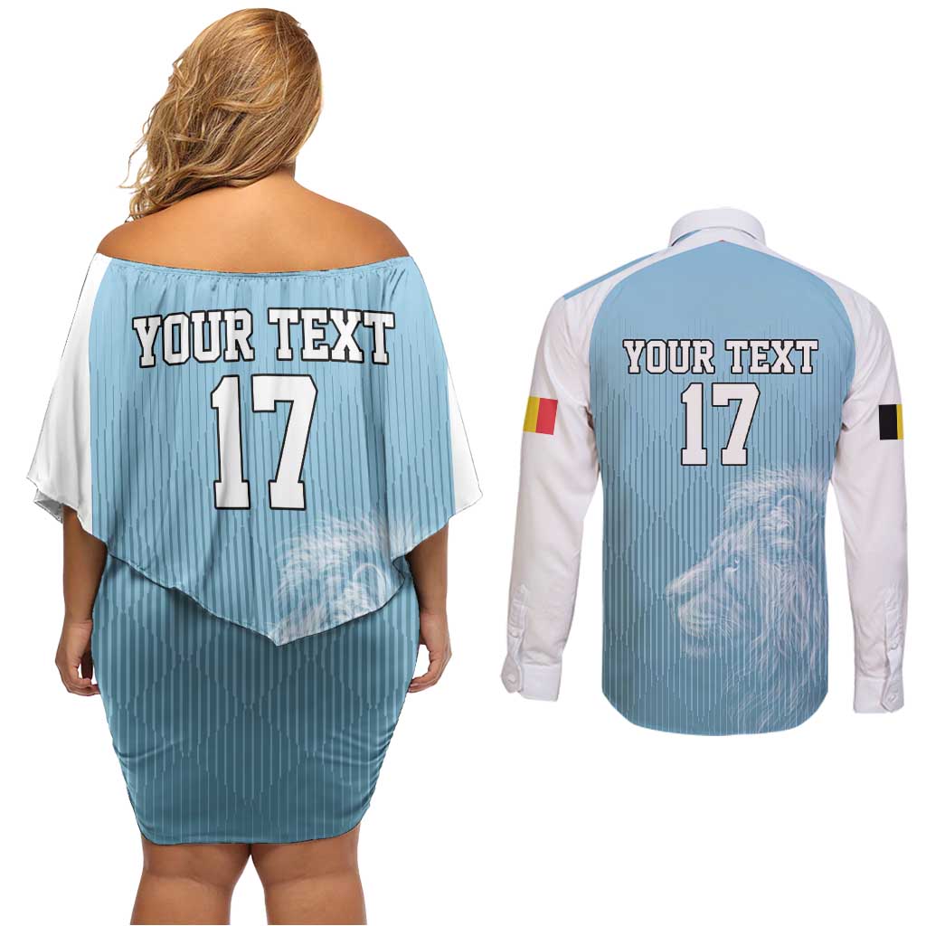 Custom Belgium Football We are Champions Couples Matching Off Shoulder Short Dress and Long Sleeve Button Shirt Blue Style Come on De Rode Duivels