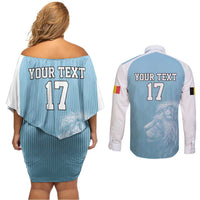 Custom Belgium Football We are Champions Couples Matching Off Shoulder Short Dress and Long Sleeve Button Shirt Blue Style Come on De Rode Duivels