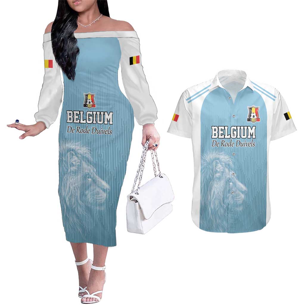 Custom Belgium Football We are Champions Couples Matching Off The Shoulder Long Sleeve Dress and Hawaiian Shirt Blue Style Come on De Rode Duivels