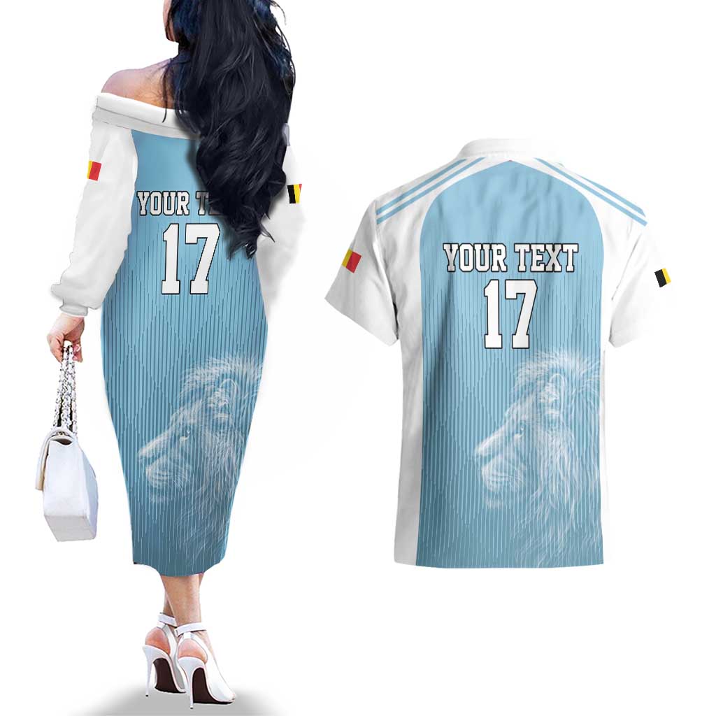 Custom Belgium Football We are Champions Couples Matching Off The Shoulder Long Sleeve Dress and Hawaiian Shirt Blue Style Come on De Rode Duivels