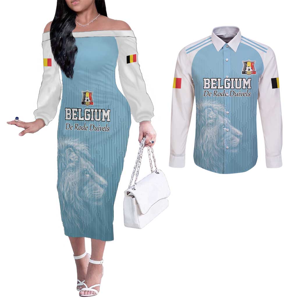 Custom Belgium Football We are Champions Couples Matching Off The Shoulder Long Sleeve Dress and Long Sleeve Button Shirt Blue Style Come on De Rode Duivels