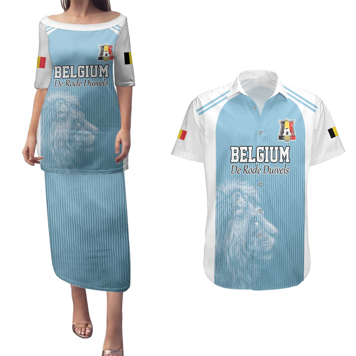 Custom Belgium Football We are Champions Couples Matching Puletasi and Hawaiian Shirt Blue Style Come on De Rode Duivels