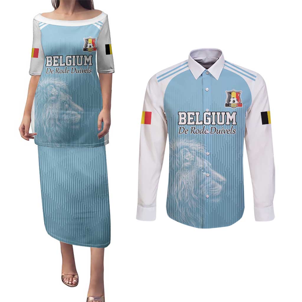 Custom Belgium Football We are Champions Couples Matching Puletasi and Long Sleeve Button Shirt Blue Style Come on De Rode Duivels