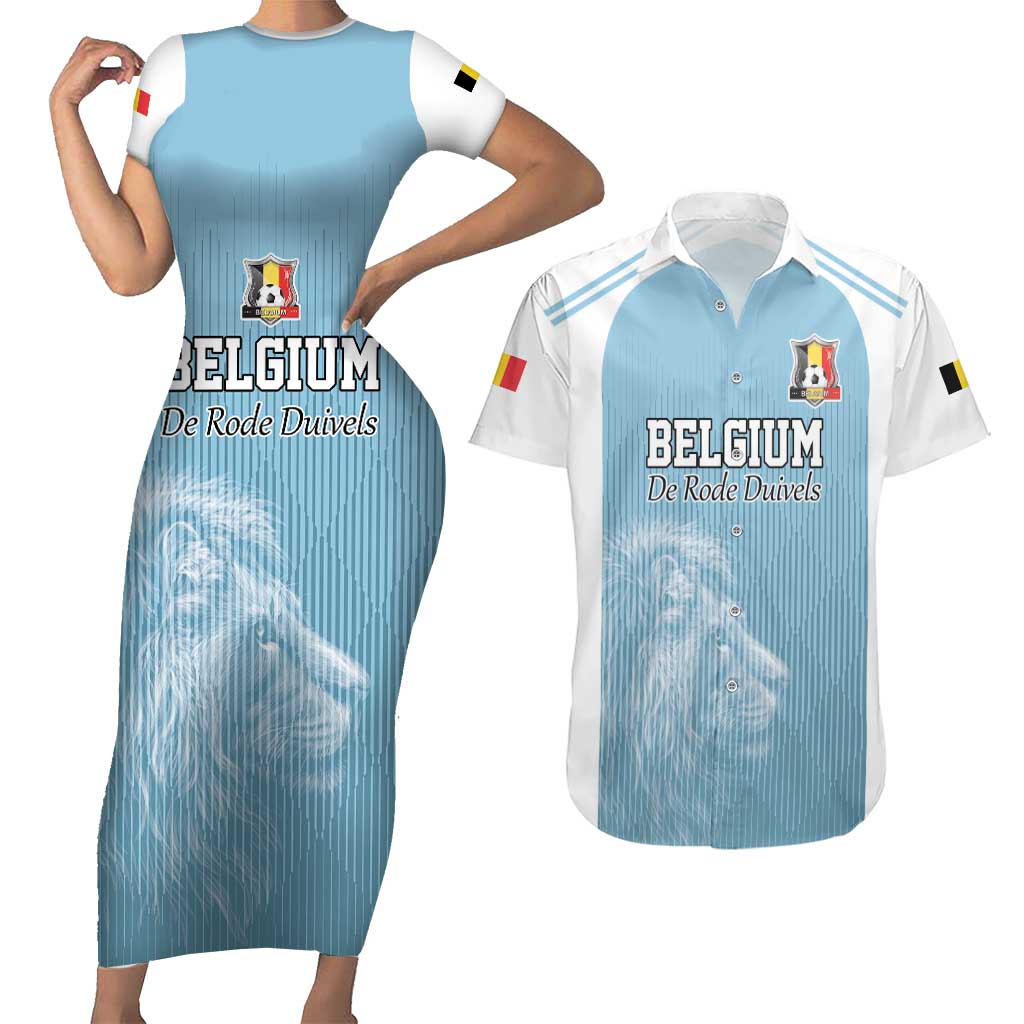 Custom Belgium Football We are Champions Couples Matching Short Sleeve Bodycon Dress and Hawaiian Shirt Blue Style Come on De Rode Duivels