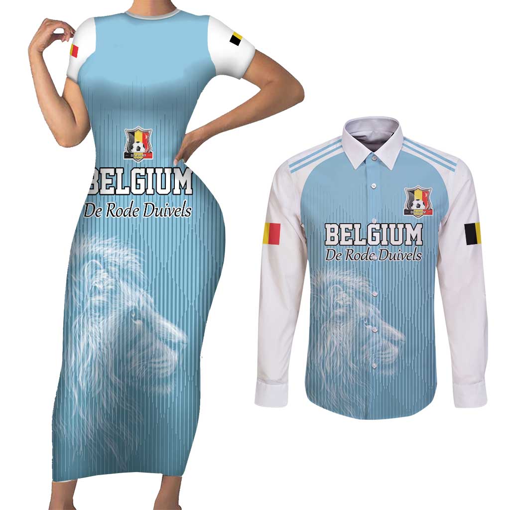 Custom Belgium Football We are Champions Couples Matching Short Sleeve Bodycon Dress and Long Sleeve Button Shirt Blue Style Come on De Rode Duivels
