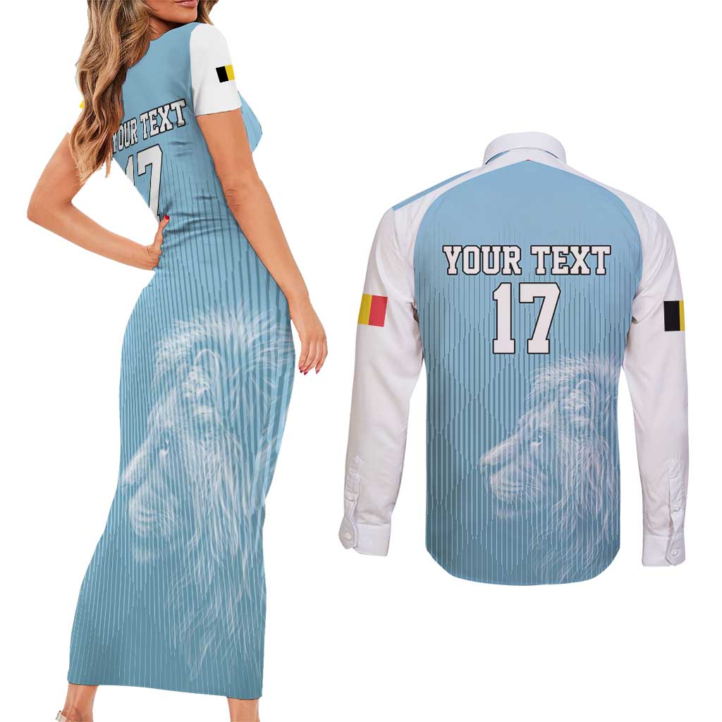 Custom Belgium Football We are Champions Couples Matching Short Sleeve Bodycon Dress and Long Sleeve Button Shirt Blue Style Come on De Rode Duivels
