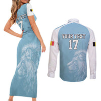 Custom Belgium Football We are Champions Couples Matching Short Sleeve Bodycon Dress and Long Sleeve Button Shirt Blue Style Come on De Rode Duivels