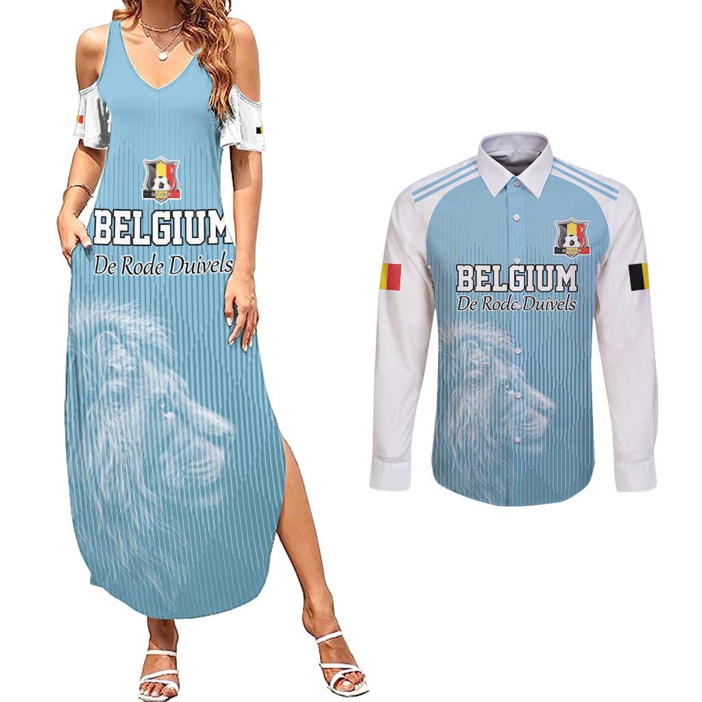 Custom Belgium Football We are Champions Couples Matching Summer Maxi Dress and Long Sleeve Button Shirt Blue Style Come on De Rode Duivels