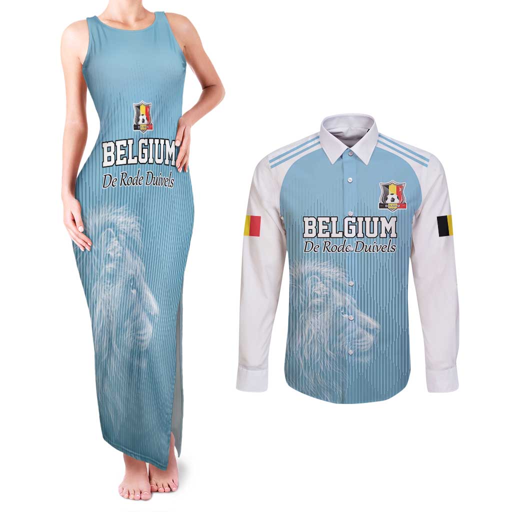 Custom Belgium Football We are Champions Couples Matching Tank Maxi Dress and Long Sleeve Button Shirt Blue Style Come on De Rode Duivels