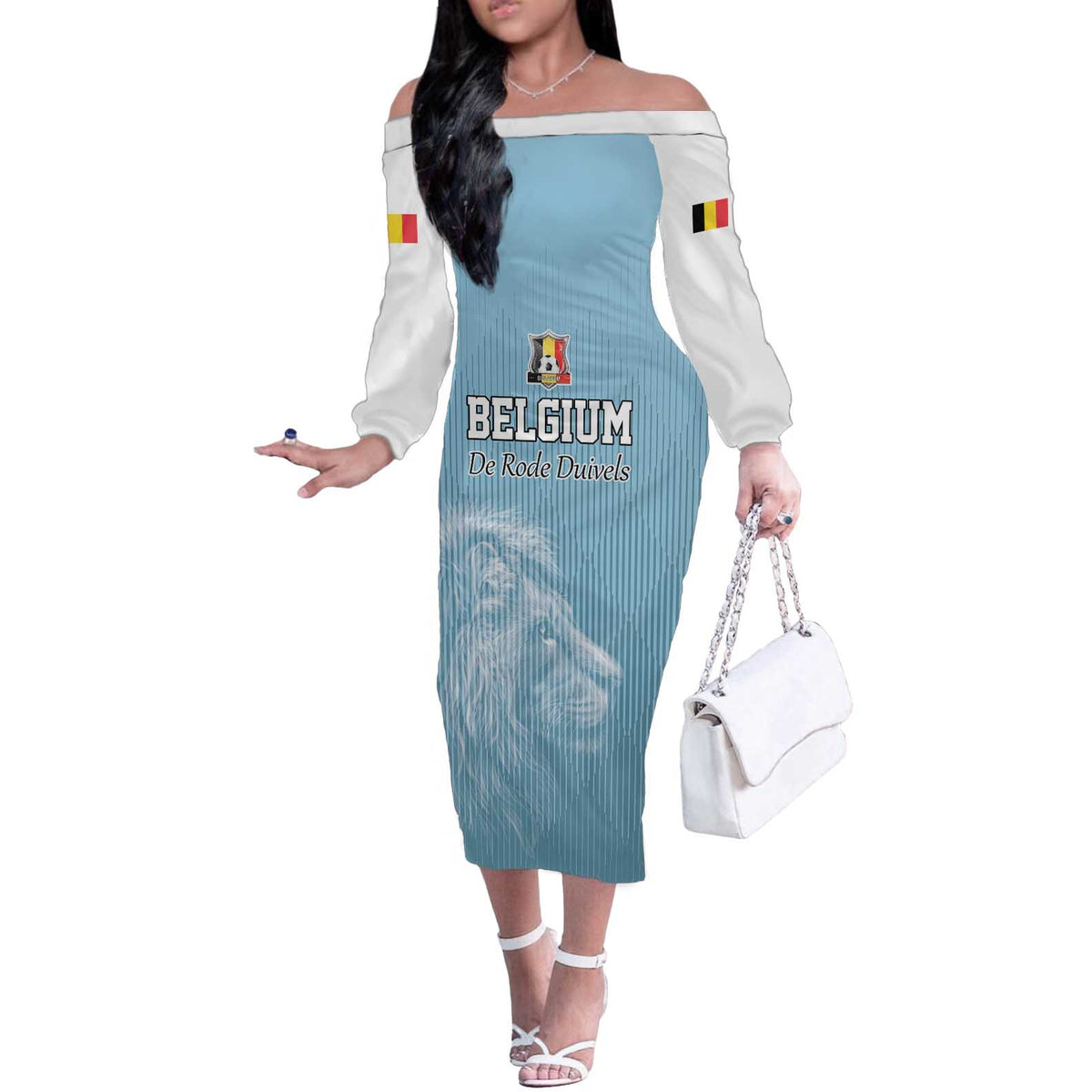 Custom Belgium Football We are Champions Off The Shoulder Long Sleeve Dress Blue Style Come on De Rode Duivels