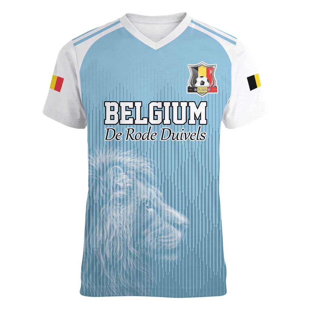 Custom Belgium Football We are Champions Women V-Neck T-Shirt Blue Style Come on De Rode Duivels
