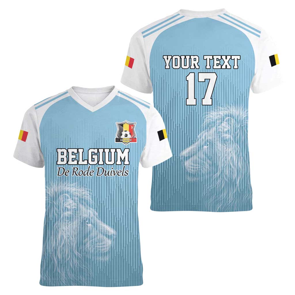 Custom Belgium Football We are Champions Women V-Neck T-Shirt Blue Style Come on De Rode Duivels