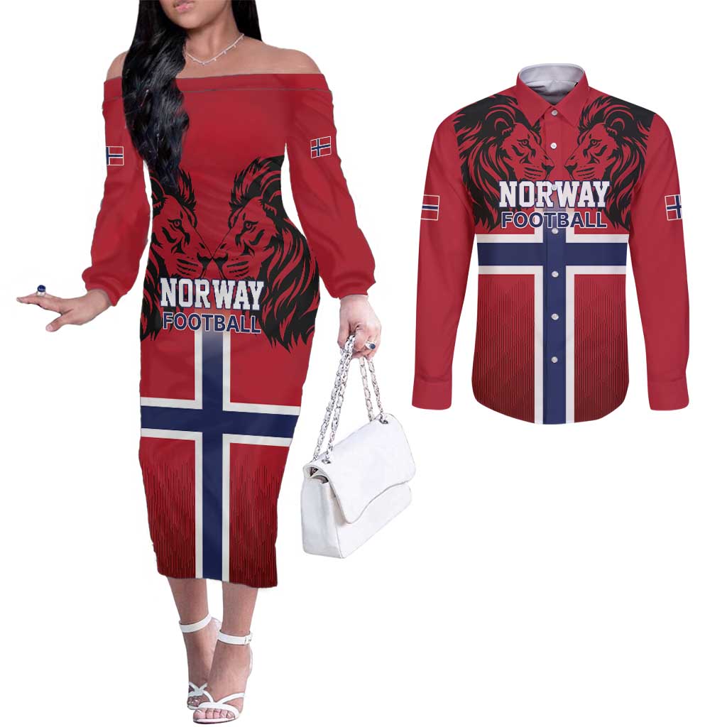 Custom Norway Football Couples Matching Off The Shoulder Long Sleeve Dress and Long Sleeve Button Shirt Lion Sporty Style