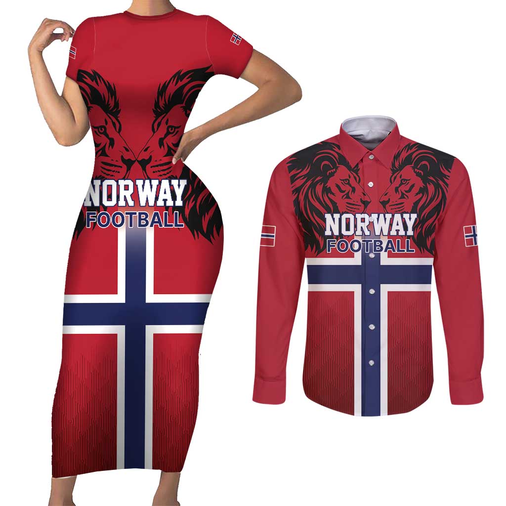 Custom Norway Football Couples Matching Short Sleeve Bodycon Dress and Long Sleeve Button Shirt Lion Sporty Style