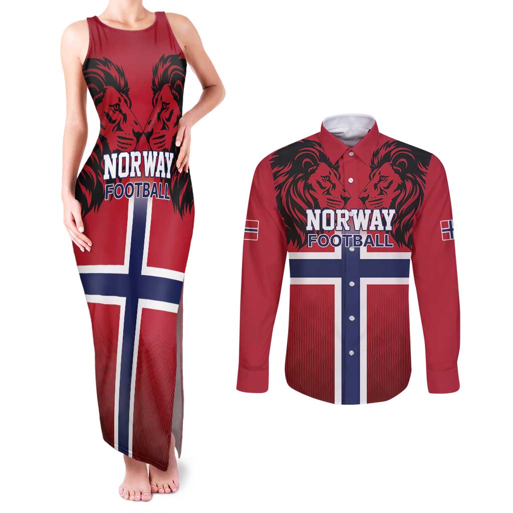 Custom Norway Football Couples Matching Tank Maxi Dress and Long Sleeve Button Shirt Lion Sporty Style