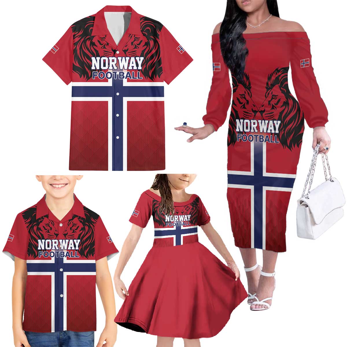Custom Norway Football Family Matching Off The Shoulder Long Sleeve Dress and Hawaiian Shirt Lion Sporty Style