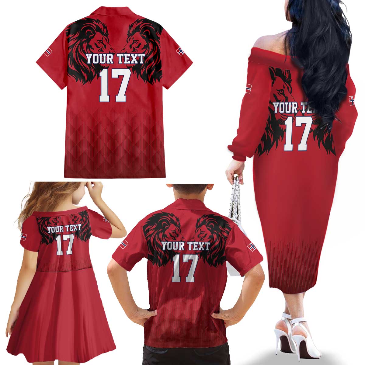 Custom Norway Football Family Matching Off The Shoulder Long Sleeve Dress and Hawaiian Shirt Lion Sporty Style