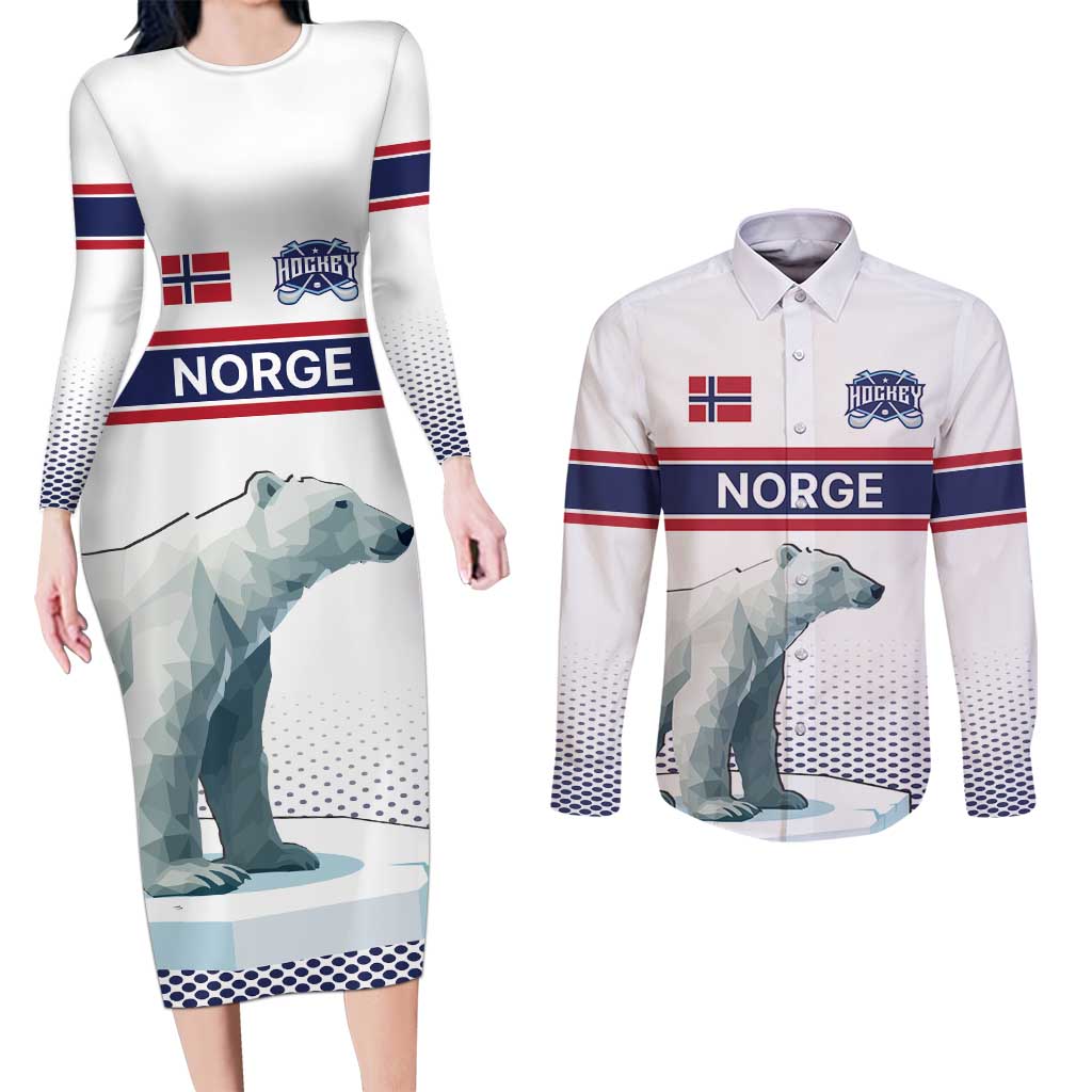 Norway Ice Hockey Custom Couples Matching Long Sleeve Bodycon Dress and Long Sleeve Button Shirt Norge Polar Bears White Style