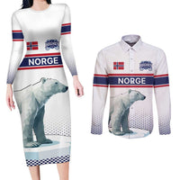 Norway Ice Hockey Custom Couples Matching Long Sleeve Bodycon Dress and Long Sleeve Button Shirt Norge Polar Bears White Style
