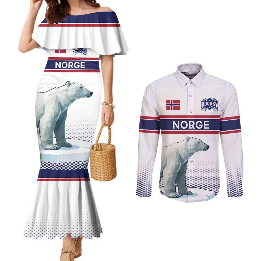 Norway Ice Hockey Custom Couples Matching Mermaid Dress and Long Sleeve Button Shirt Norge Polar Bears White Style