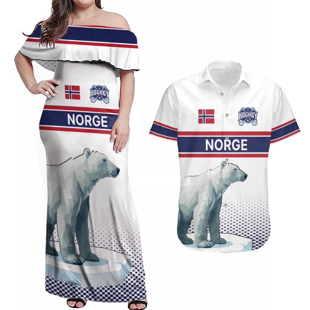 Norway Ice Hockey Custom Couples Matching Off Shoulder Maxi Dress and Hawaiian Shirt Norge Polar Bears White Style