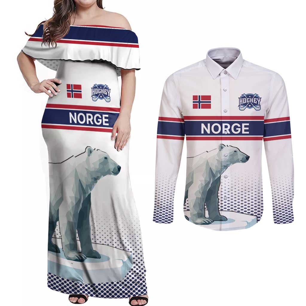 Norway Ice Hockey Custom Couples Matching Off Shoulder Maxi Dress and Long Sleeve Button Shirt Norge Polar Bears White Style