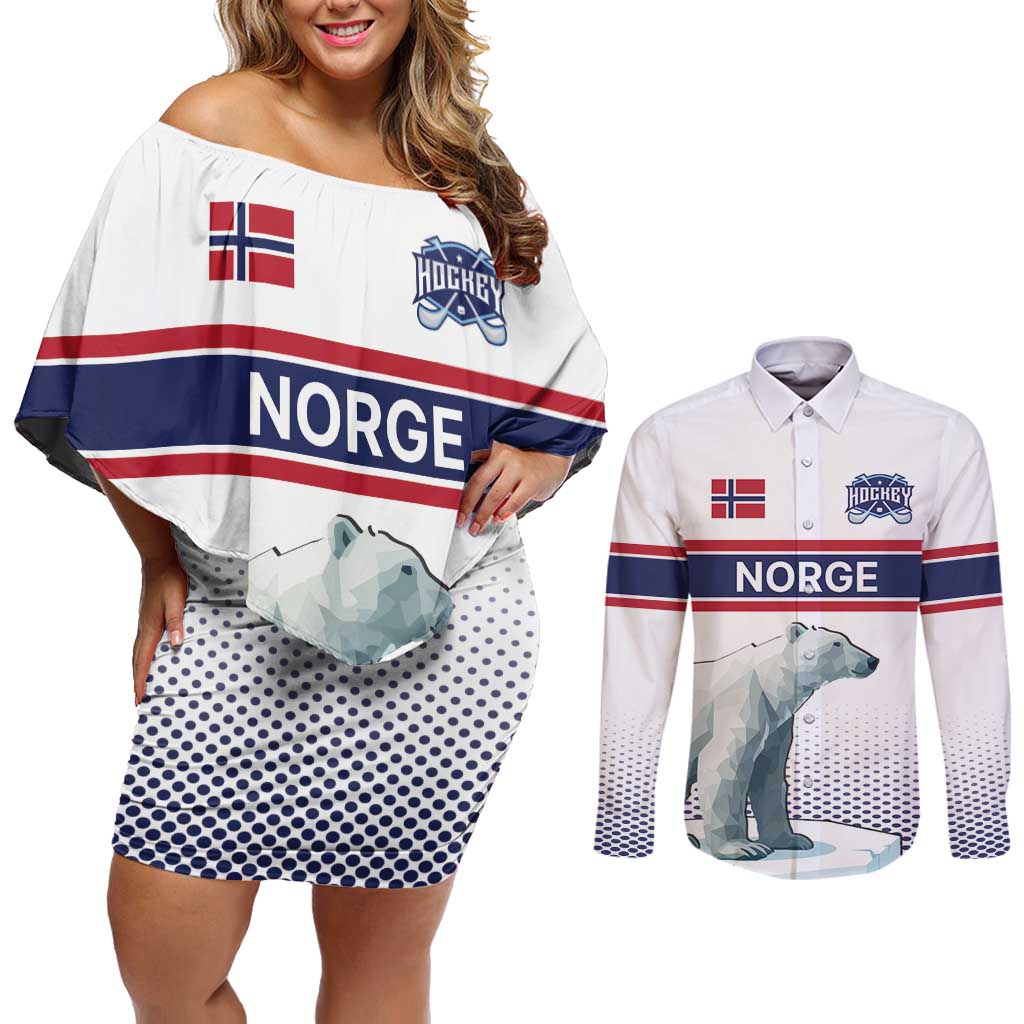 Norway Ice Hockey Custom Couples Matching Off Shoulder Short Dress and Long Sleeve Button Shirt Norge Polar Bears White Style