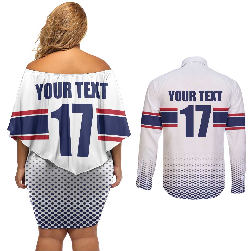 Norway Ice Hockey Custom Couples Matching Off Shoulder Short Dress and Long Sleeve Button Shirt Norge Polar Bears White Style