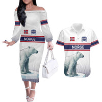 Norway Ice Hockey Custom Couples Matching Off The Shoulder Long Sleeve Dress and Hawaiian Shirt Norge Polar Bears White Style