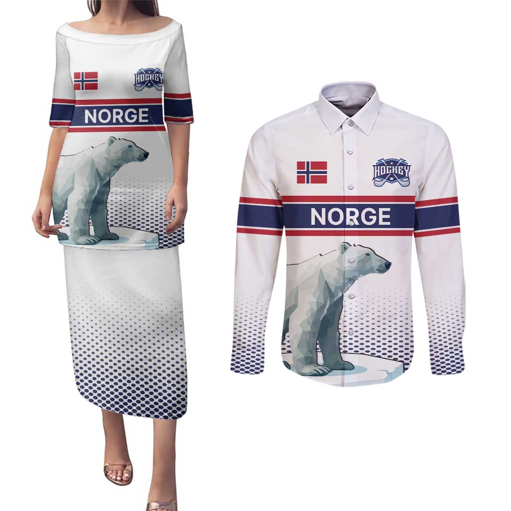 Norway Ice Hockey Custom Couples Matching Puletasi and Long Sleeve Button Shirt Norge Polar Bears White Style